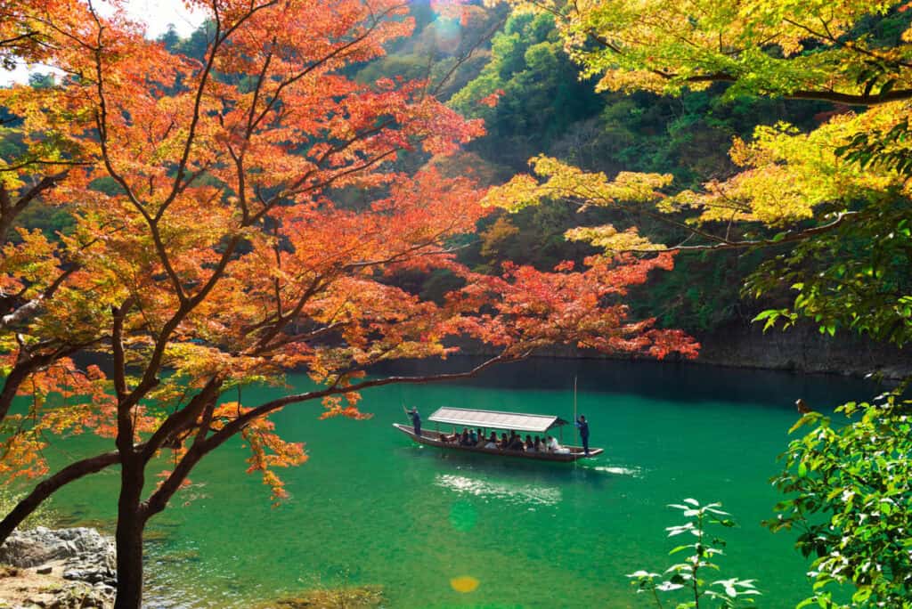 Hozugawa River Boat in Kyoto Japan, in the fall