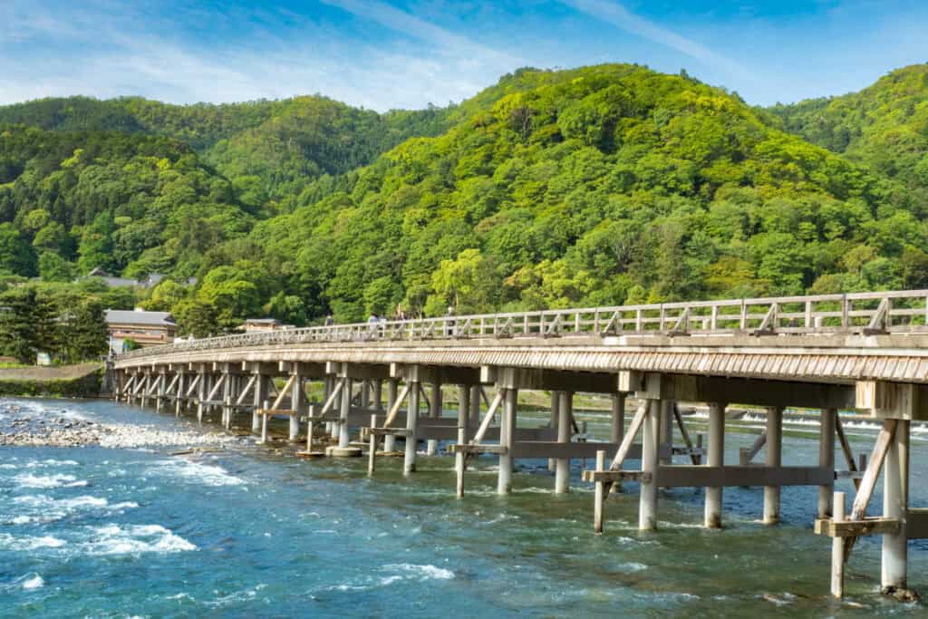 Togetsukyo Bridge in Arashiyama, Kyoto, Japan, in the summer
