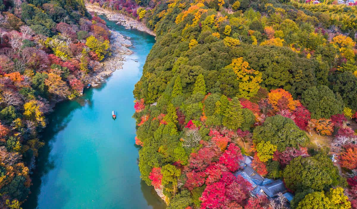 An aerial view of the Katsura River in Arashiyama, Kyoto
